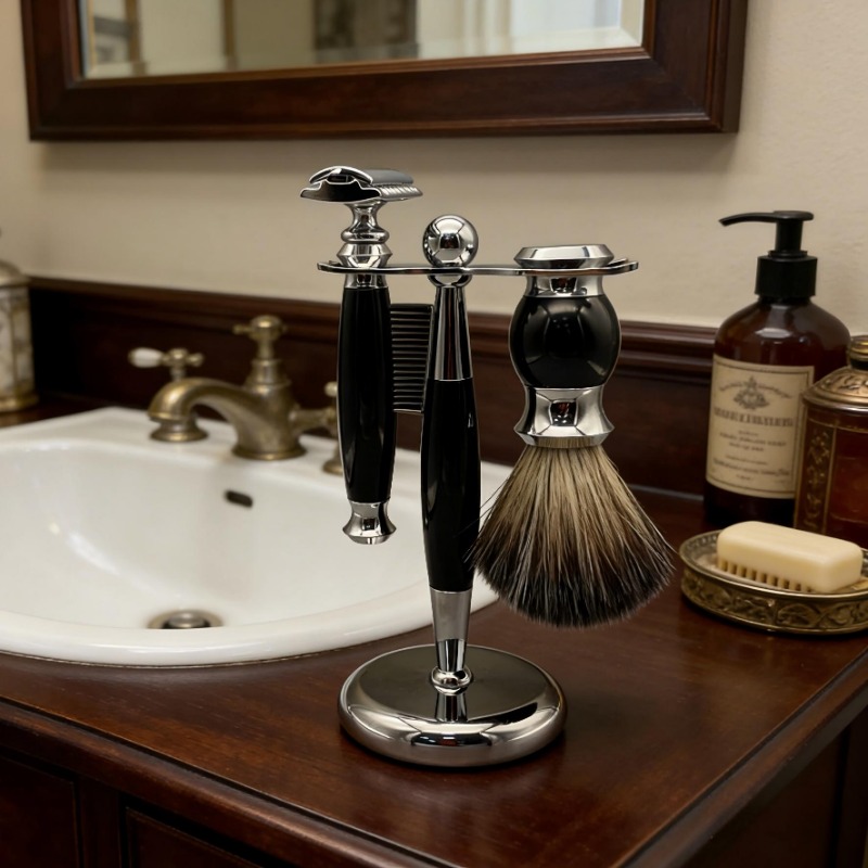 Men Grooming Hygiene - ชุดโกนหนวดครบชุดสำหรับผู้ชาย พร้อมมีดโกนแบบแมนนวล แปรง และแท่นวาง อุปกรณ์ดูแลขนที่ใช้งานได้จริงเพื่อการโกนที่เรียบเนียนทุกวัน