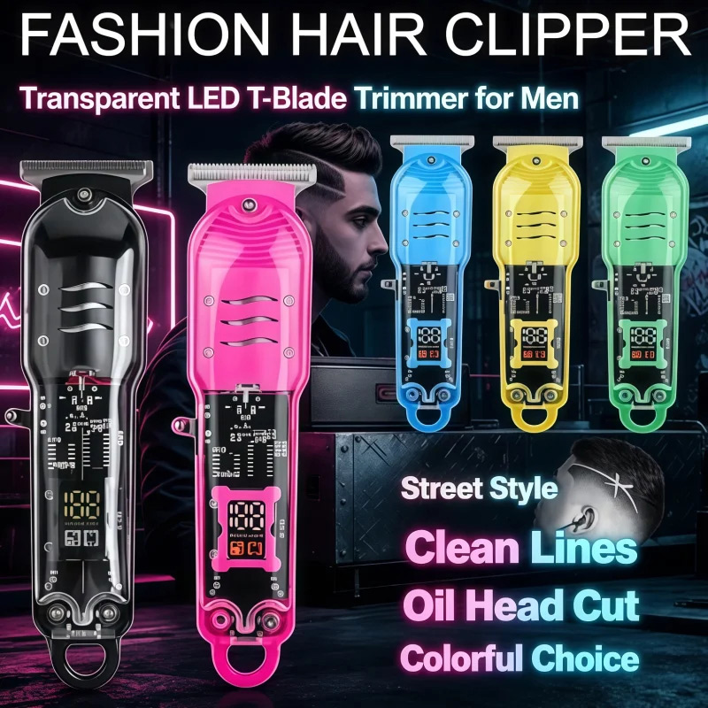 Men Grooming Home - เครื่องตัดผมไฟฟ้าแบบโปร่งใส พร้อมหน้าจอ LCD ดิจิตอล สำหรับผู้ชาย เครื่องเล็มผมแบบไร้สาย